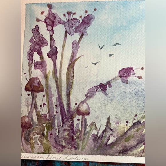 Original painting Mushrooms landscape NEW watercolor floral home decor art USA - Picture 2 of 7